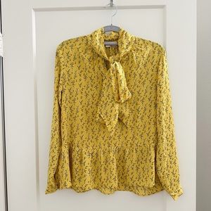 LOFT Long Sleeve Neck Tie Yellow Floral Peplum Blouse